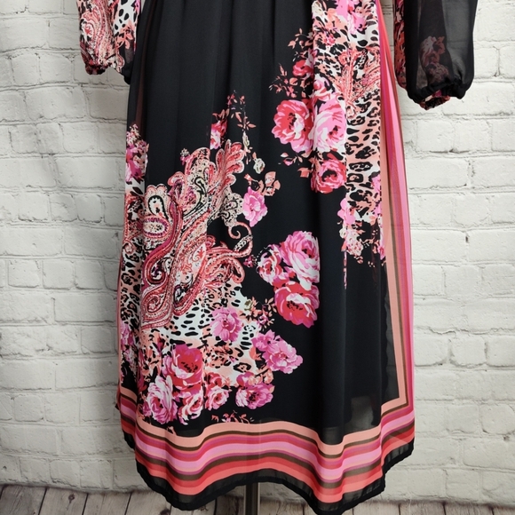 Bisou Bisou Michele Bohbot Dress 8  Pink Coral Black Flower Sheer  3/4 Sleeves - Picture 9 of 11